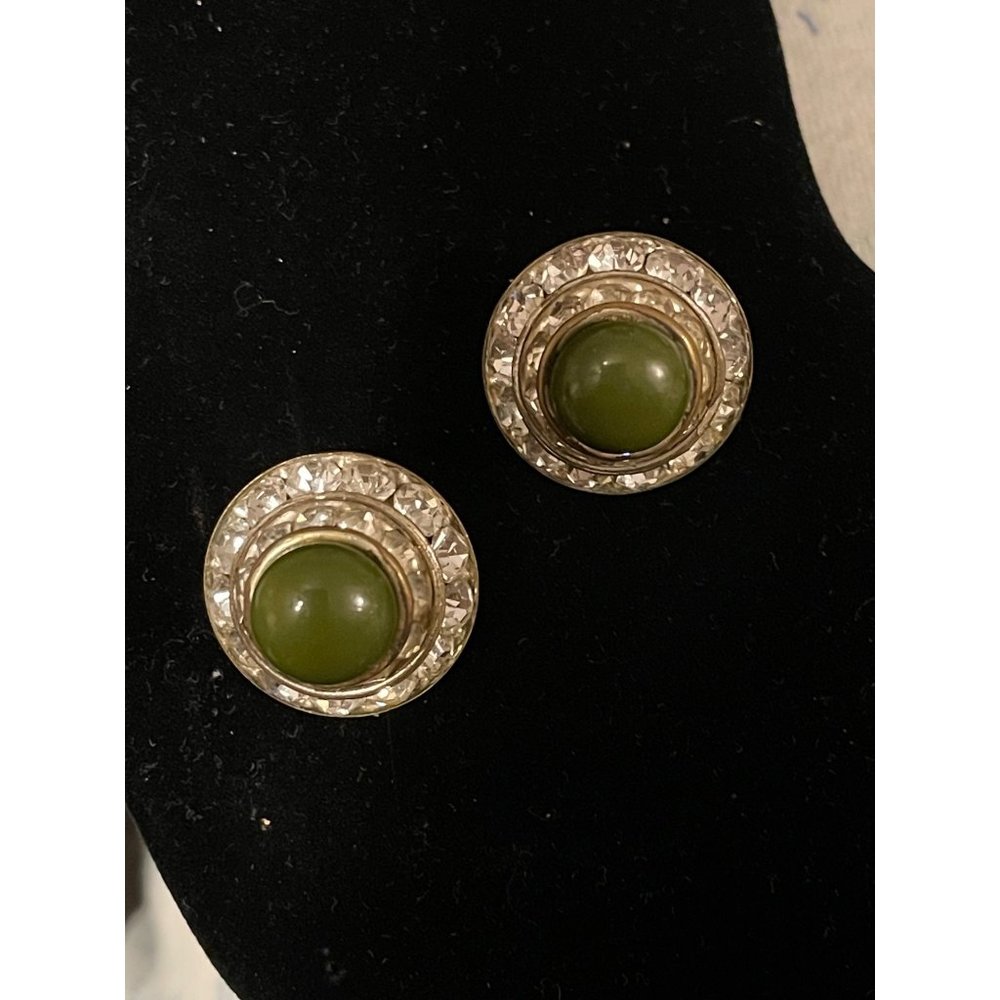 Vintage Jadeite And Rhinestones Circular Clip Earrings